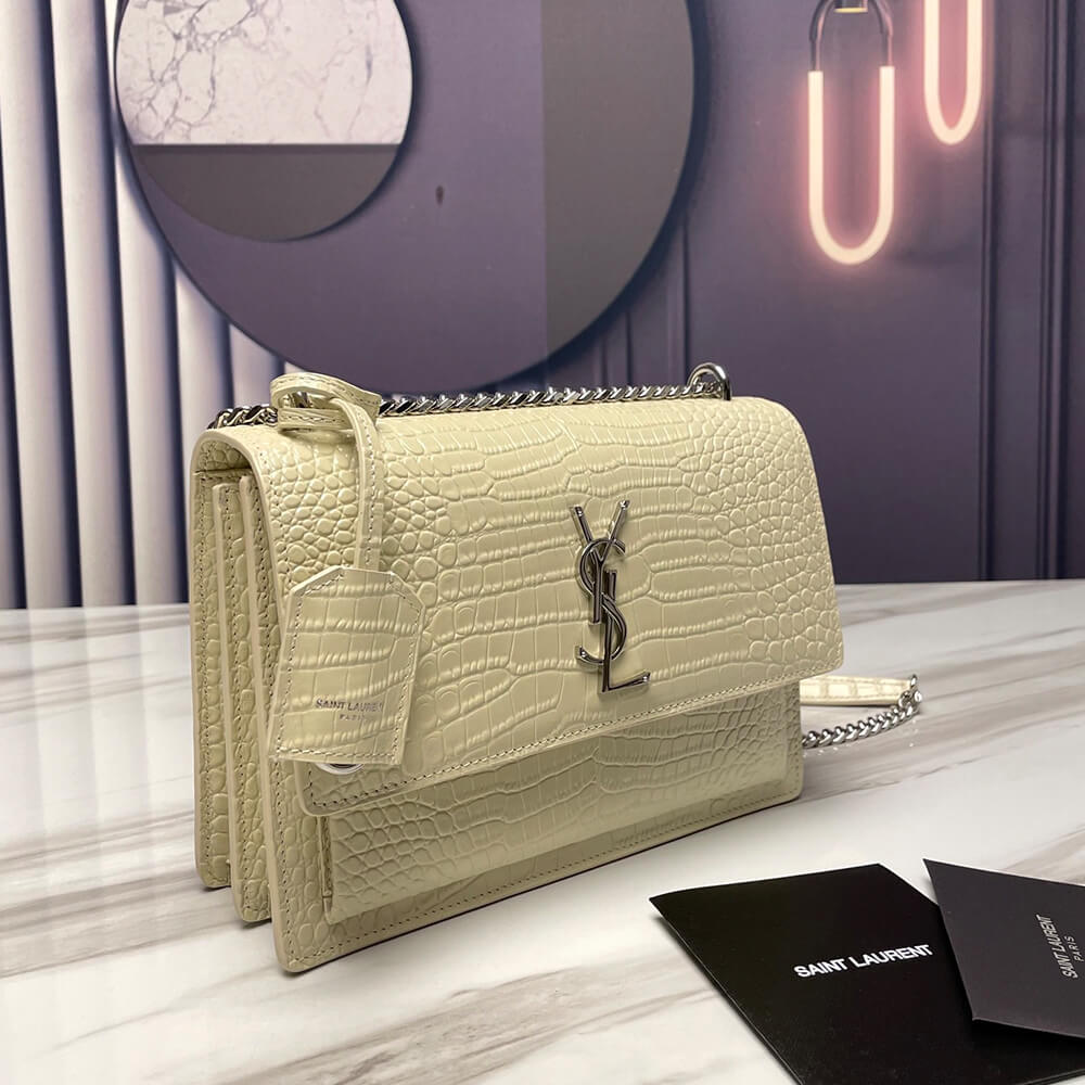 SUNSET MEDIUM CHAIN BAG IN CROCODILE-EMBOSSED SHINY LEATHER