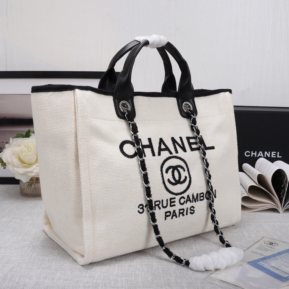 Ch*el woven straw raffia striped medium deauville tote