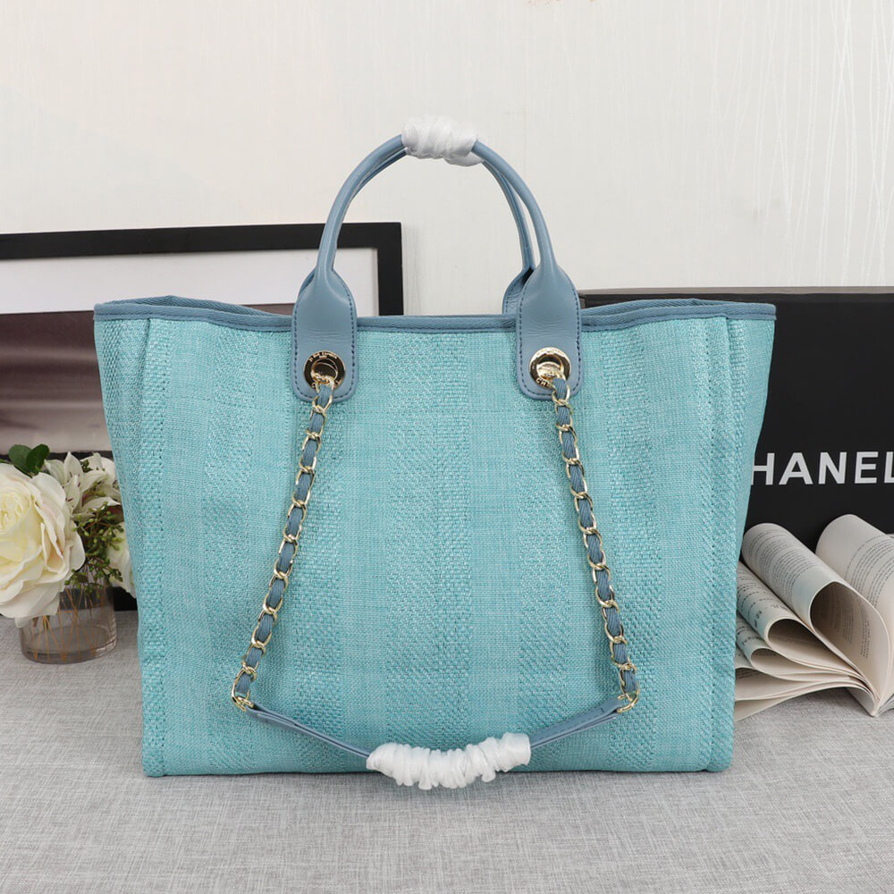 Ch*el woven straw raffia striped medium deauville tote