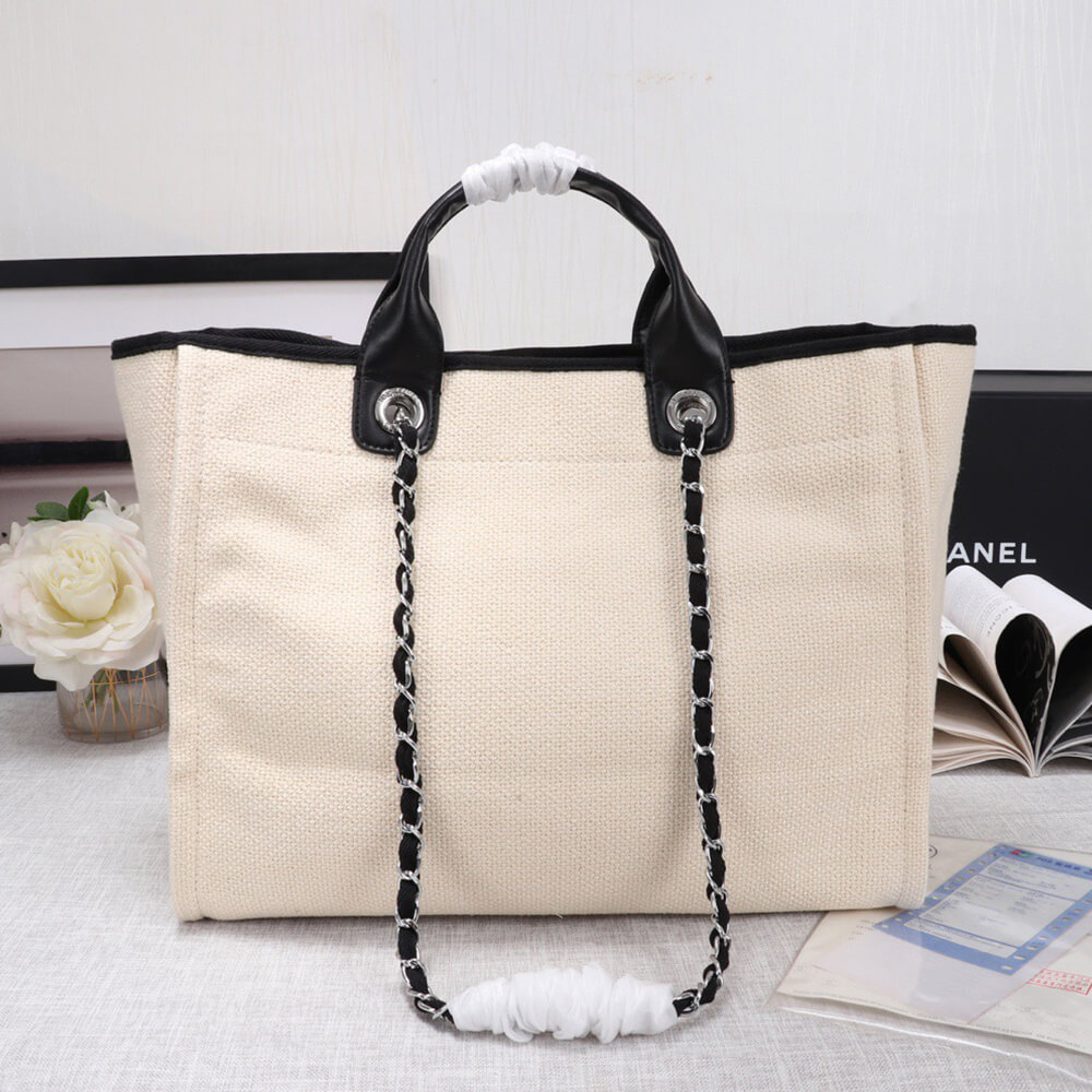 Ch*el woven straw raffia striped medium deauville tote