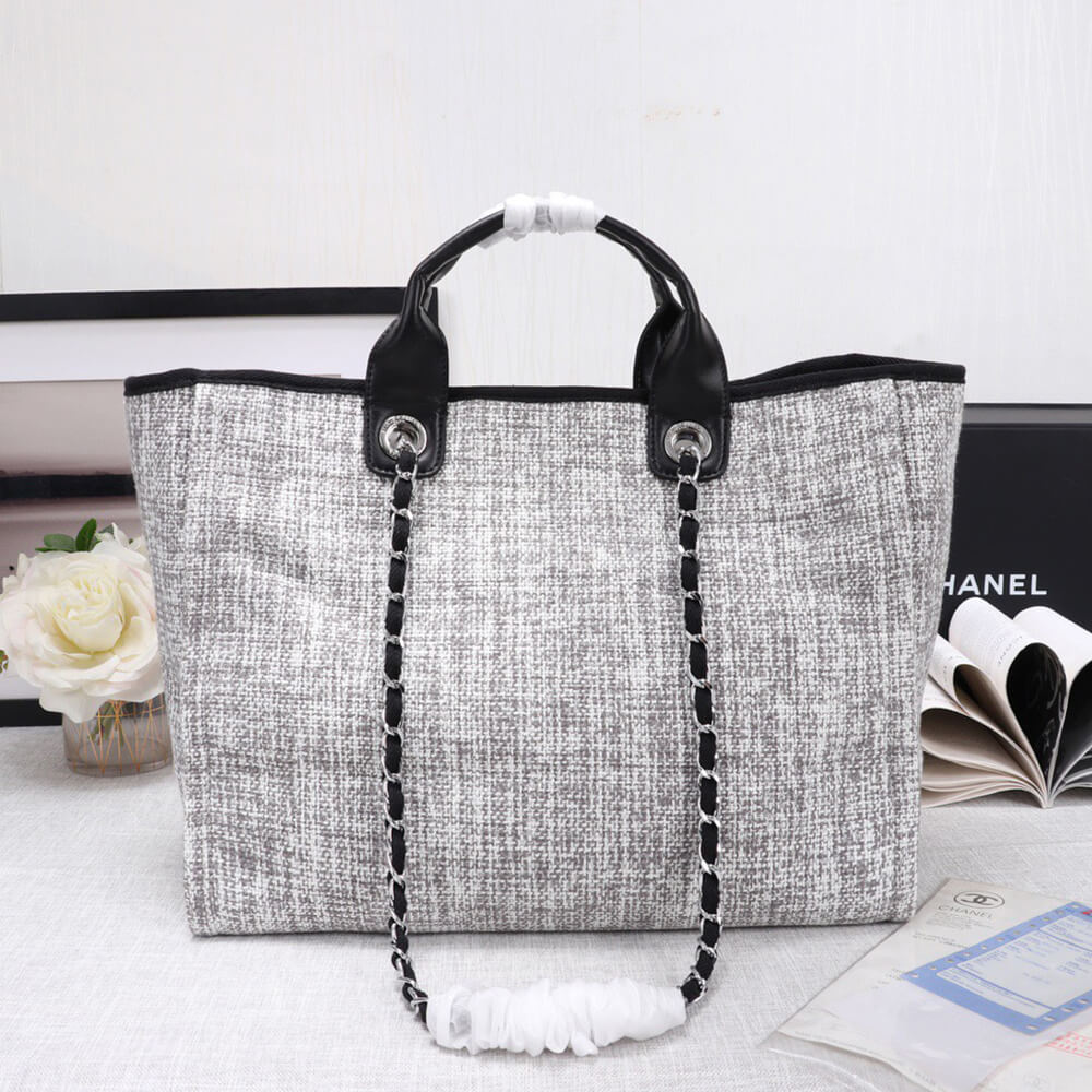 Ch*el woven straw raffia striped medium deauville tote