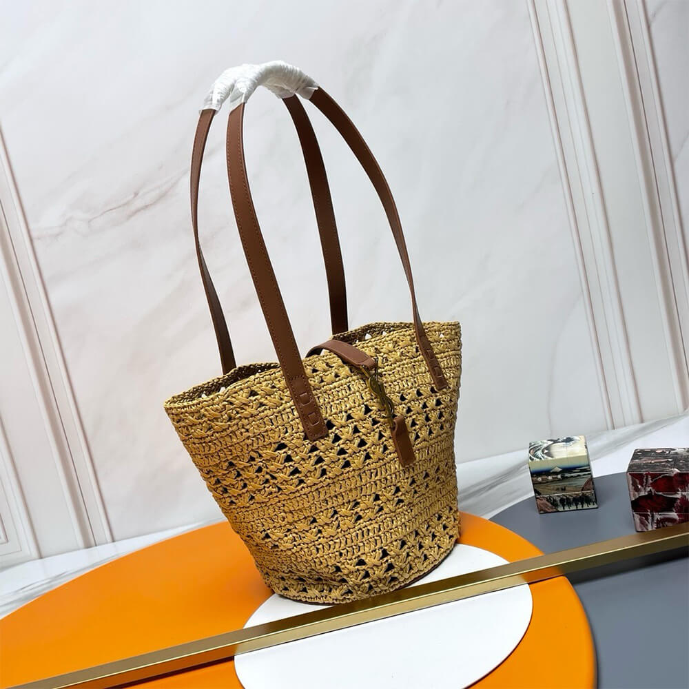 YSL Small Panier Raffia Bag In Brown